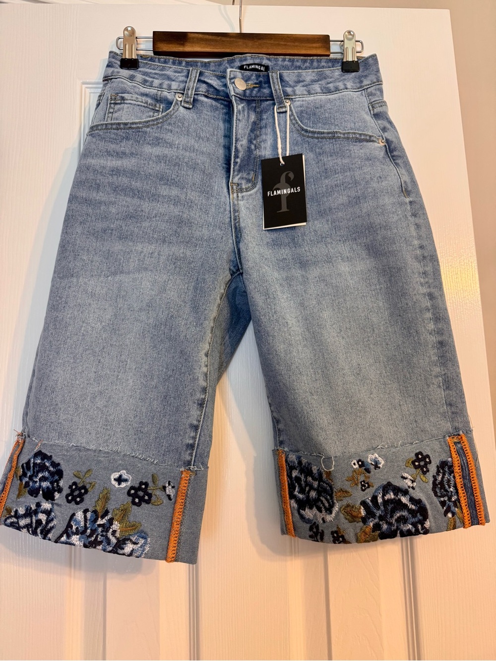 Flamingals Light Blue Embroidered Cropped Jeans